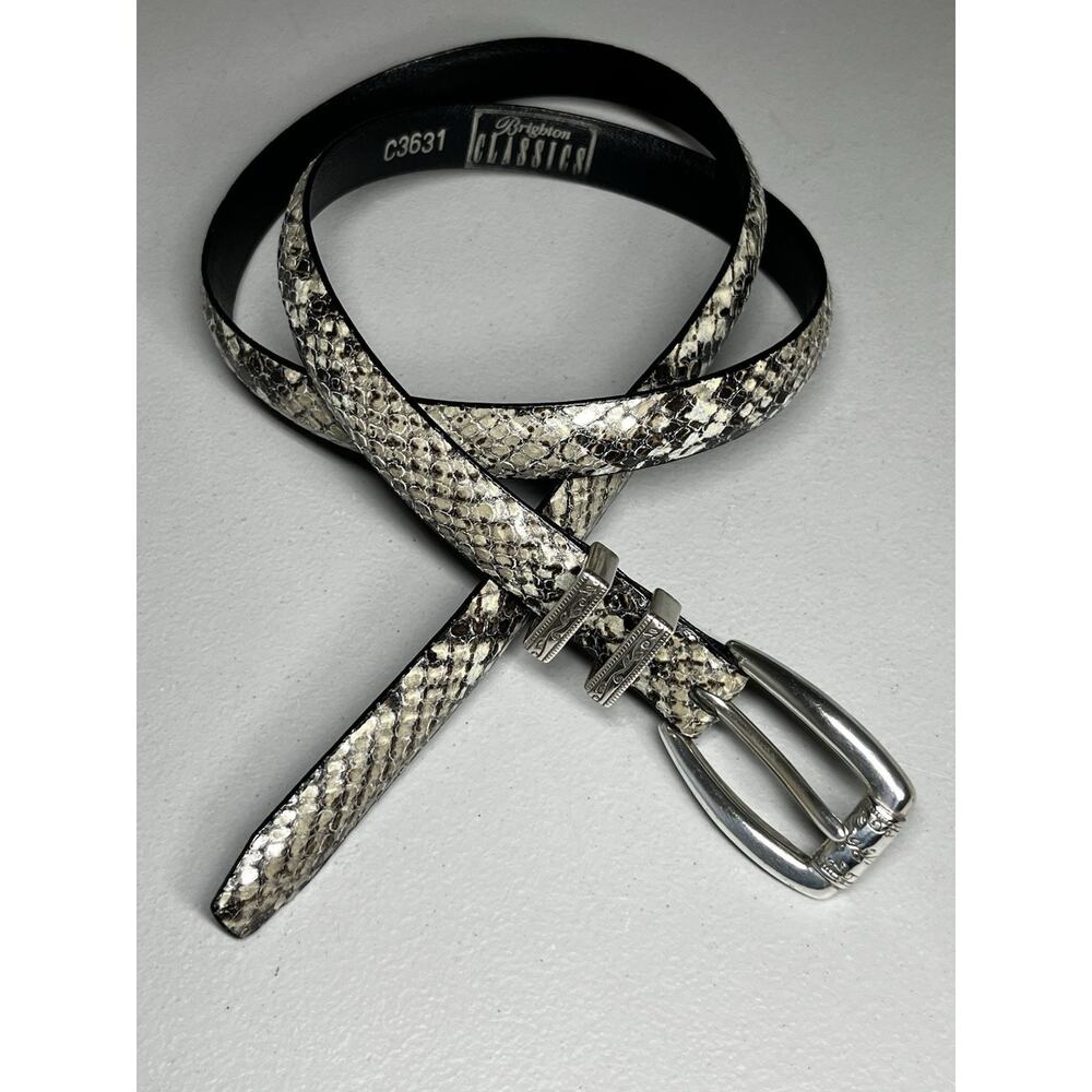Brighton Classics Snakeskin Print Slim Belt Womens L 34 Silver Engraved Buckle